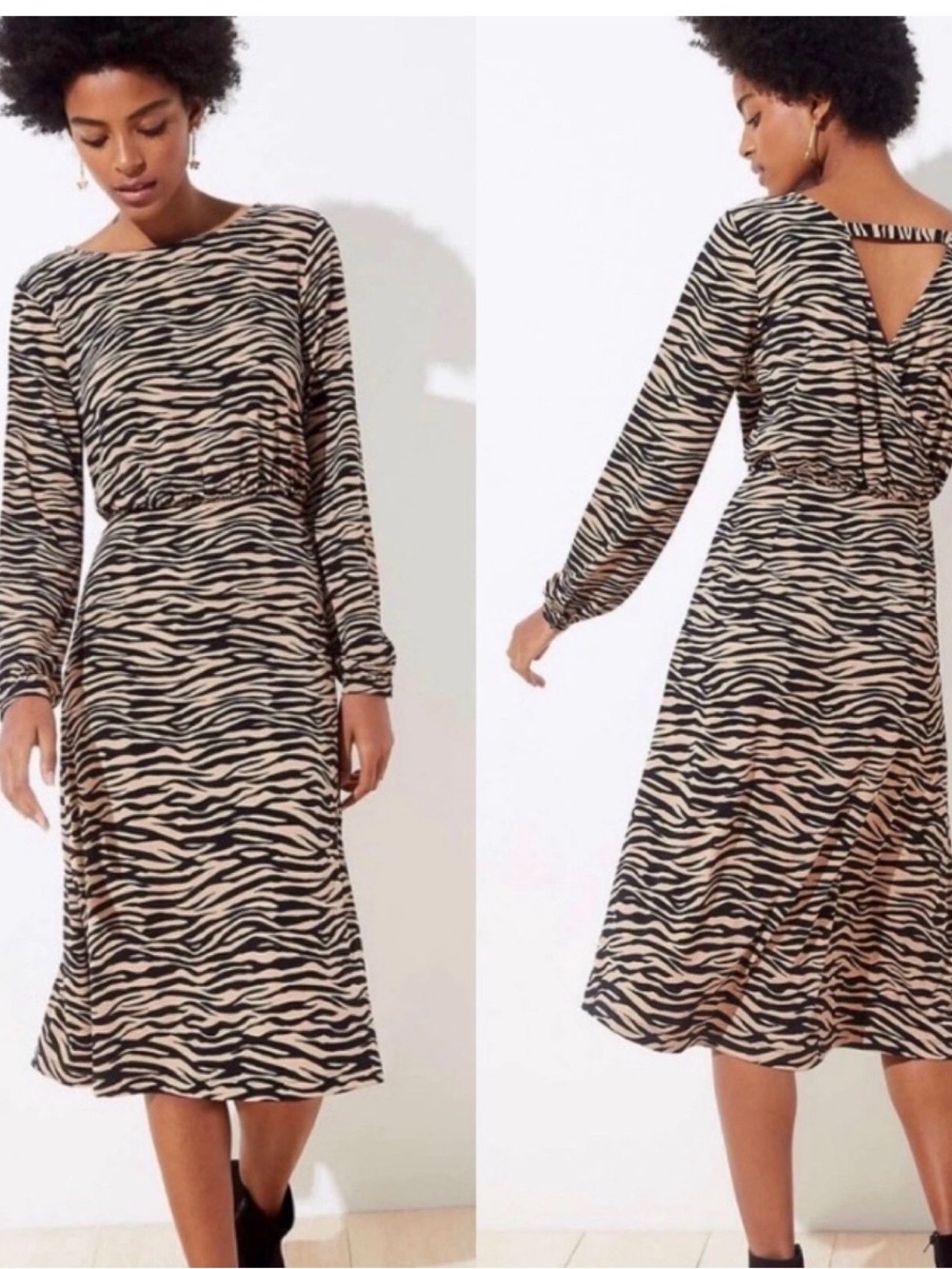NEW LOFT Animal Print Tiger Stripes Bar Back Long Sleeve Midi Dress